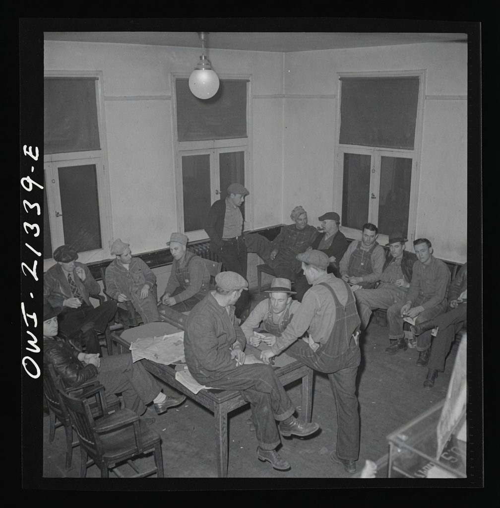 Railroad men in the Harvey House lobby at Seligman, Arizona, 1943
